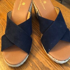 Blue suede slides